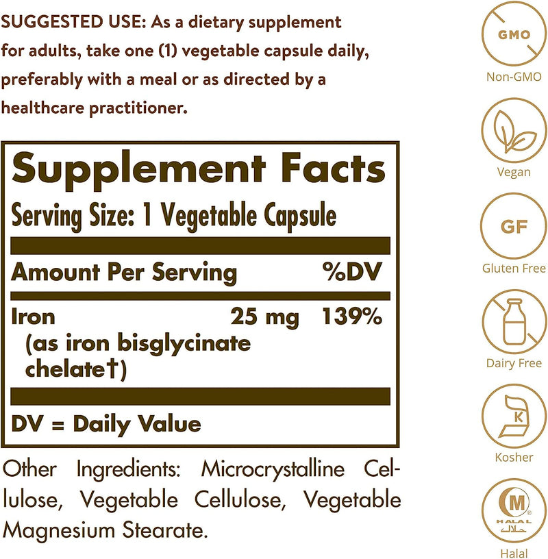 Solgar Gentle Iron (Iron Bisglycinate) 25 mg - 180 Vegetable Capsules