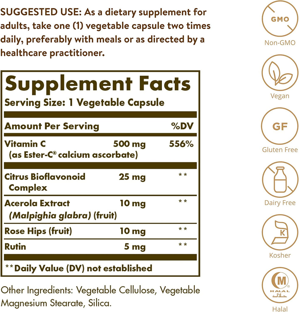 Solgar Ester-C Plus 500 mg Vitamin C (Ascorbate Complex), 250 Vegetable Capsules
