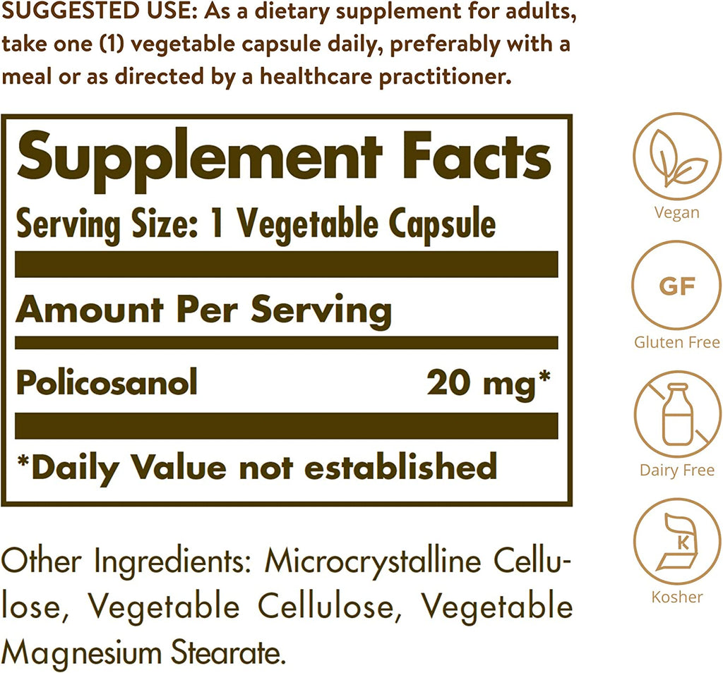 Solgar Policosanol 20 mg, 100 Vegetable Capsules