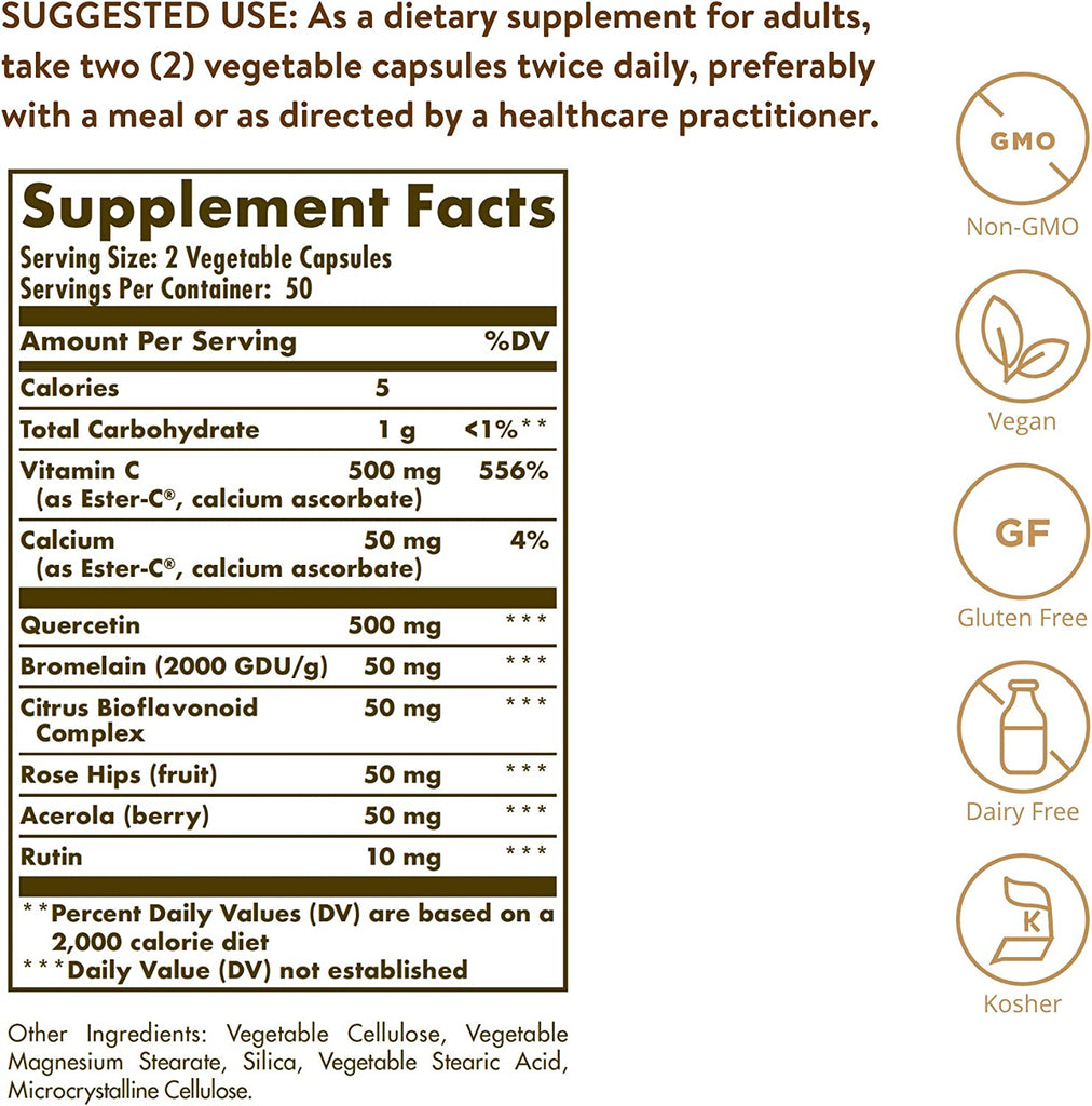Solgar Quercetin Complex with Ester-C Plus, 100 Vegetable Capsules