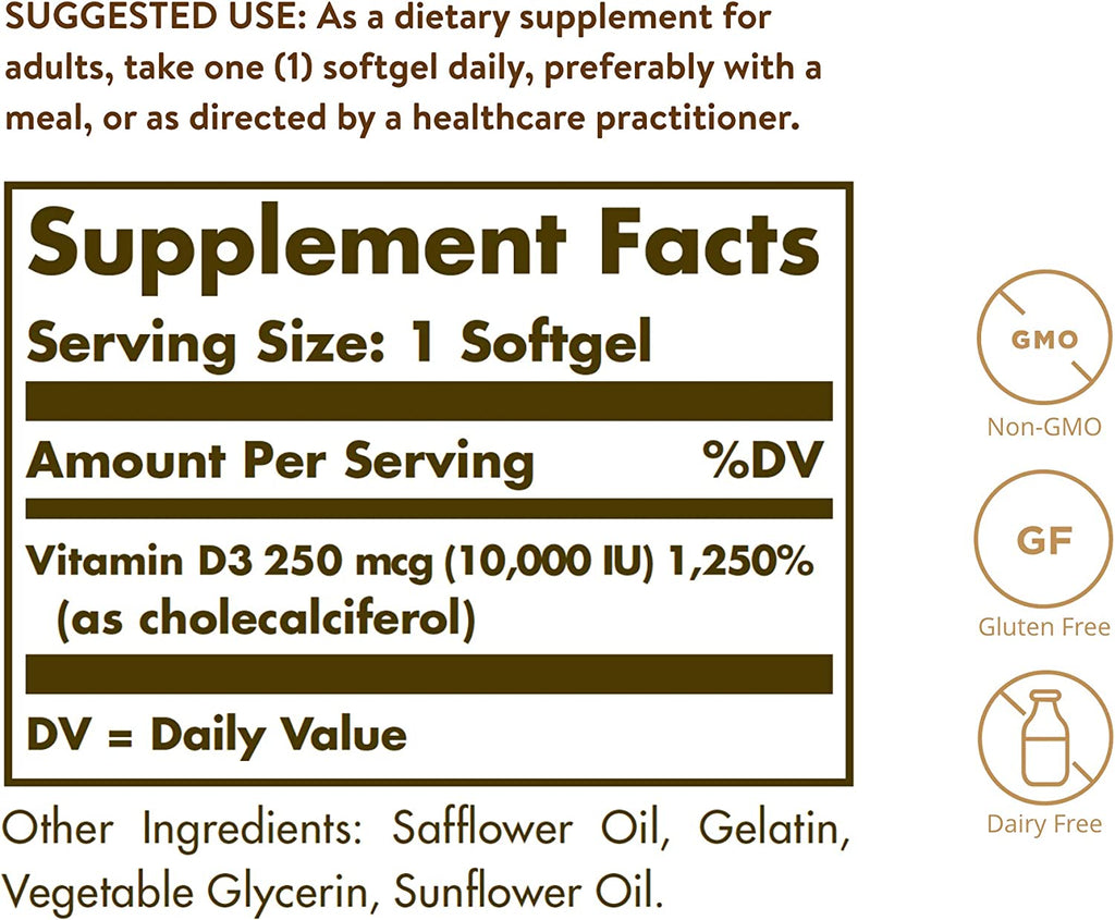 Solgar Vitamin D3 (Cholecalciferol) 250 MCG (10,000 IU), 120 Softgels