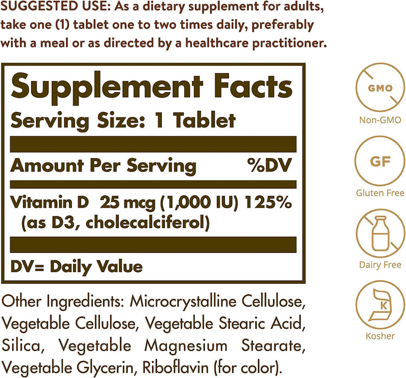 Solgar Vitamin D3 (Cholecalciferol) 25 mcg (1000 IU) - 180 Tablets