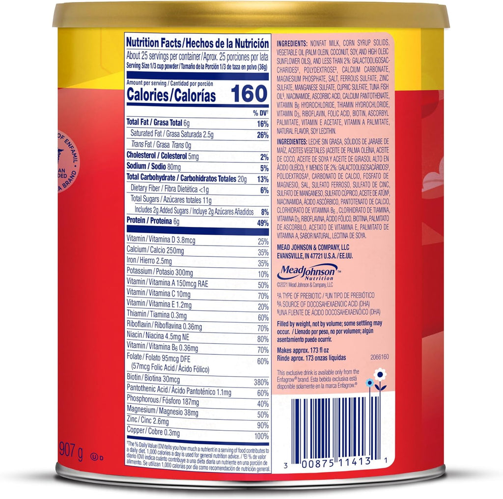 Enfagrow PREMIUM Toddler Nutritional Drink, Made with Real Milk, Brain-Building Omega-3 DHA, Nutrients for Growth & Immune Support, Non-GMO, Powder Can, 32 Oz
