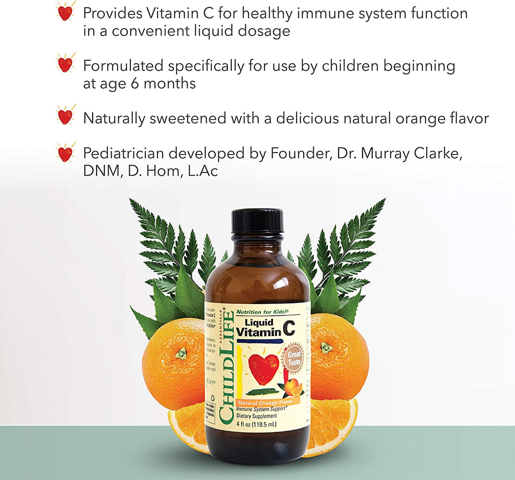 ChildLife Essentials Liquid Vitamin C - Immune Support, Vitamin C Liquid, All-Natural, Gluten-Free, Allergen Free, Non-GMO, High in Antioxidants - Orange Flavor, 4 Ounce Bottle