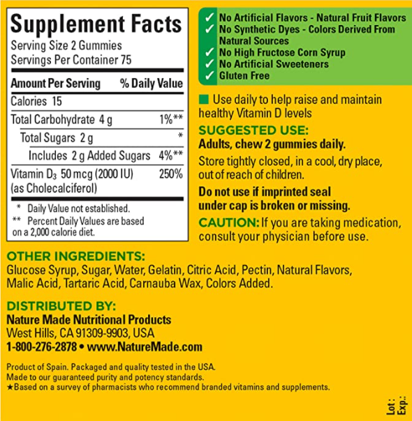 Nature Made Vitamin D3 2000 IU (50 mcg) 150 Gummies