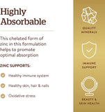 Solgar Chelated Zinc, 250 Tablets - Zinc for Healthy Skin - Supports Cell Growth & DNA Formation - Exerts Antioxidant Activity - Supports A Healthy Immune System - Non GMO, Vegan - 250 Servings