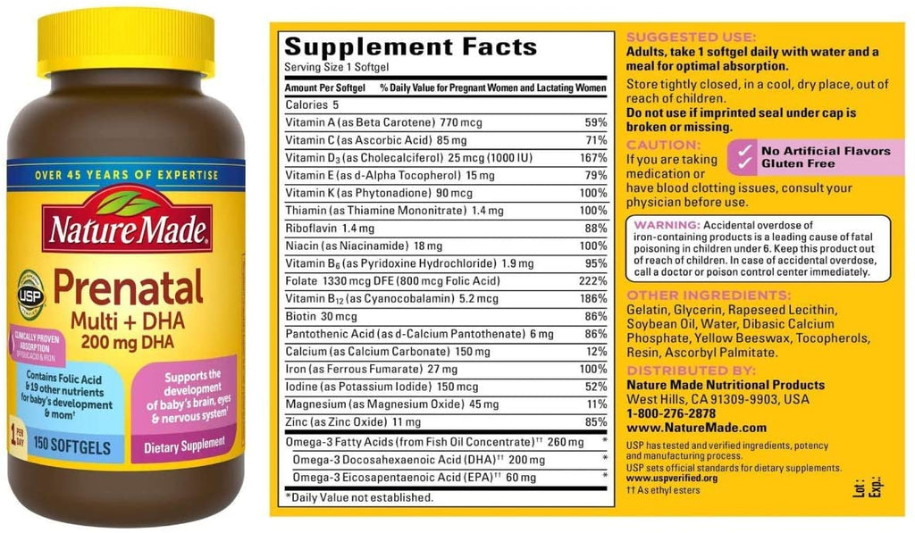 Nature Made Nature Made Prenatal + Dha 200 mg Dietary Supplement (Netcount 150 Soft Gels), 150Count