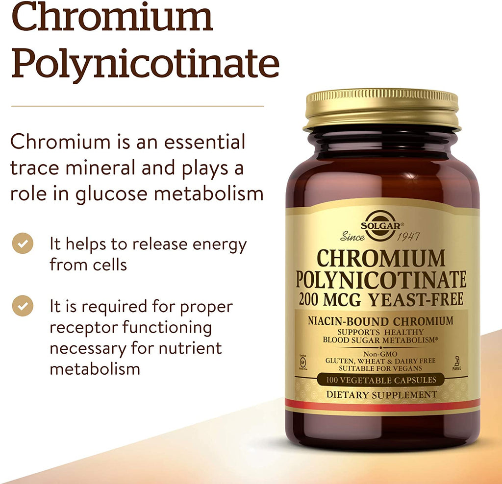 Solgar Chromium Polynicotinate 200 mcg, 100 Vegetable Capsules - Pack of 2 - Supports Healthy Blood Sugar Metabolism - Niacin-Bound Chromium - Vegan, Gluten, Yeast & Dairy Free - 200 Total Servings