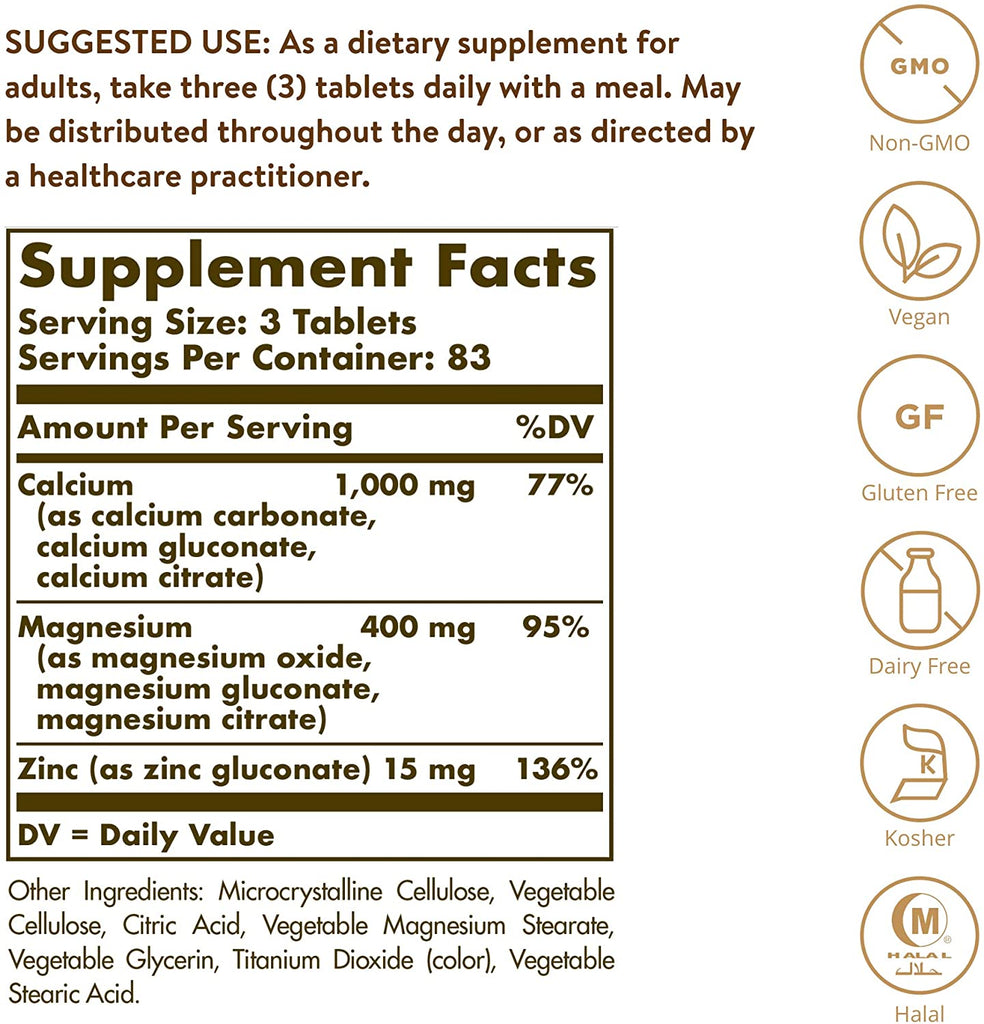 Solgar Calcium Magnesium Plus Zinc, 250 Tablets