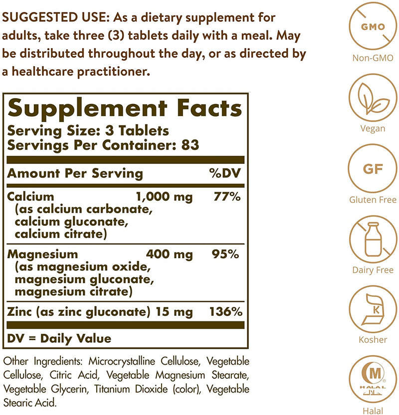 Solgar Calcium Magnesium Plus Zinc, 250 Tablets