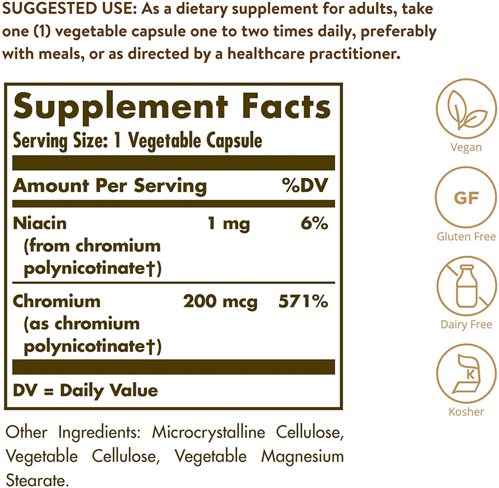 Solgar Chromium Polynicotinate 200 mcg, 100 Vegetable Capsules - Pack of 2 - Supports Healthy Blood Sugar Metabolism - Niacin-Bound Chromium - Vegan, Gluten, Yeast & Dairy Free - 200 Total Servings