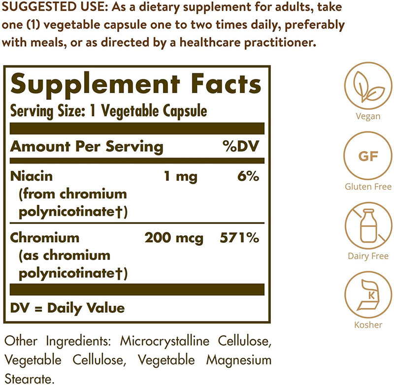 Solgar Chromium Polynicotinate 200 mcg, 100 Vegetable Capsules - Pack of 2 - Supports Healthy Blood Sugar Metabolism - Niacin-Bound Chromium - Vegan, Gluten, Yeast & Dairy Free - 200 Total Servings