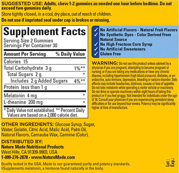Nature Made Good Sleep Gummies, 4mg Melatonin + 200 mg L-theanine, 60 Count