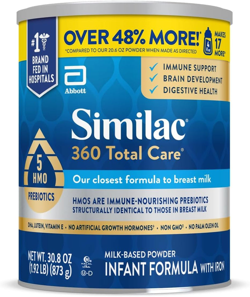 Similac 360 Total Care Infant Formula with 5 HMO Prebiotics, Our Closest Formula to Breast Milk, Non-GMO, Baby Formula Powder, 30.8-oz 2 Can