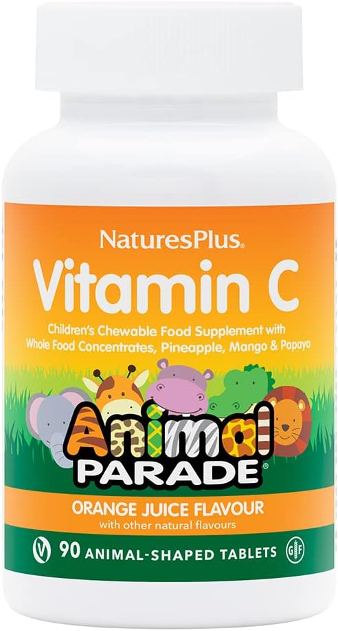 NaturesPlus Animal Parade Vitamin C Children's Chewable - Natural Orange Juice Flavor - 90 Animal-Shaped Tablets - Vegan, Vegetarian, Gluten Free