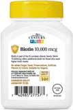 21st Century Biotin Tablets, 10,000 mcg, Unflavored 120 Count