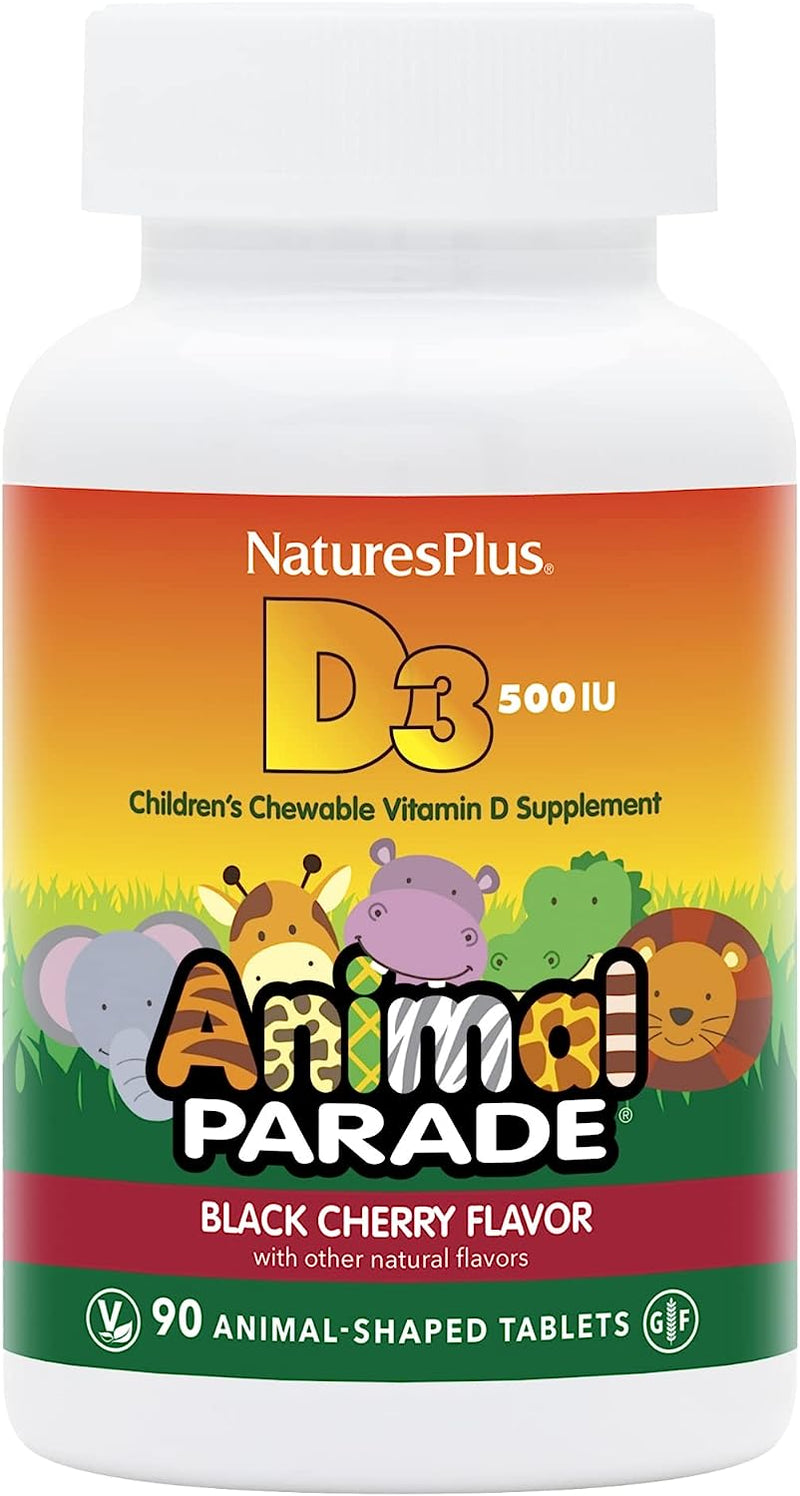 NaturesPlus Animal Parade Vitamin D3 Children’s Chewables - Black Cherry Flavor - 90 Animal-Shaped Tablets