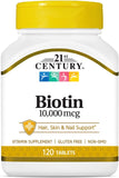 21st Century Biotin Tablets, 10,000 mcg, Unflavored 120 Count