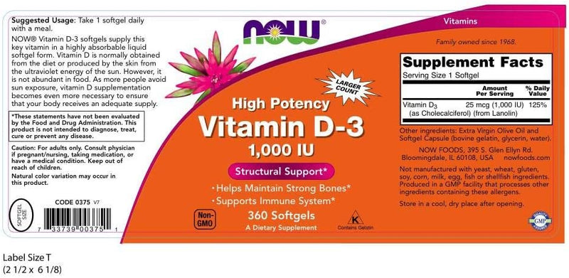 NOW Supplements, Vitamin D-3 1,000 IU, High Potency, Structural Support*, 360 Softgels