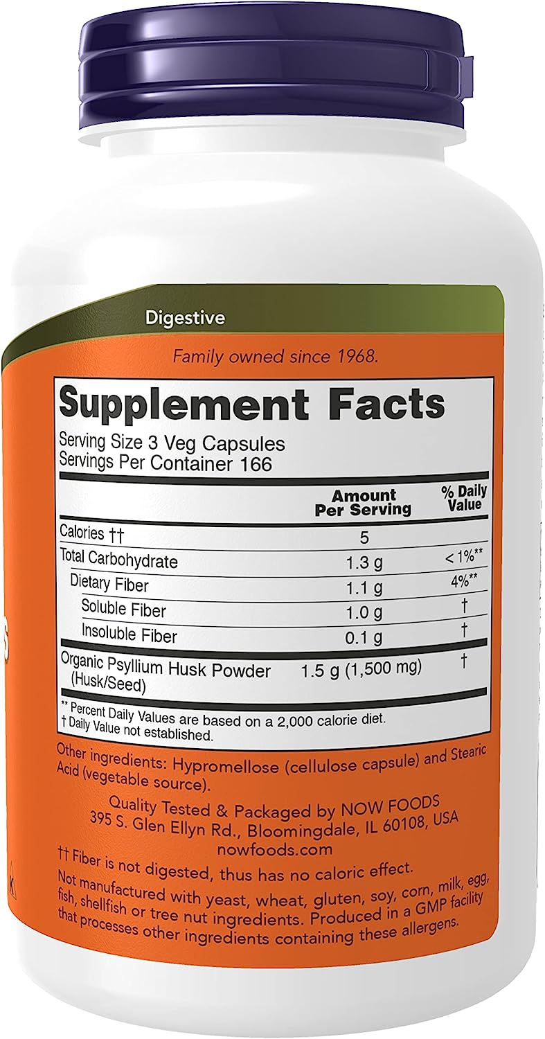NOW Supplements, Psyllium Husk Caps 500 mg, Non-GMO Project Verified, Natural Soluble Fiber, Intestinal Health*, 500 Veg Capsules