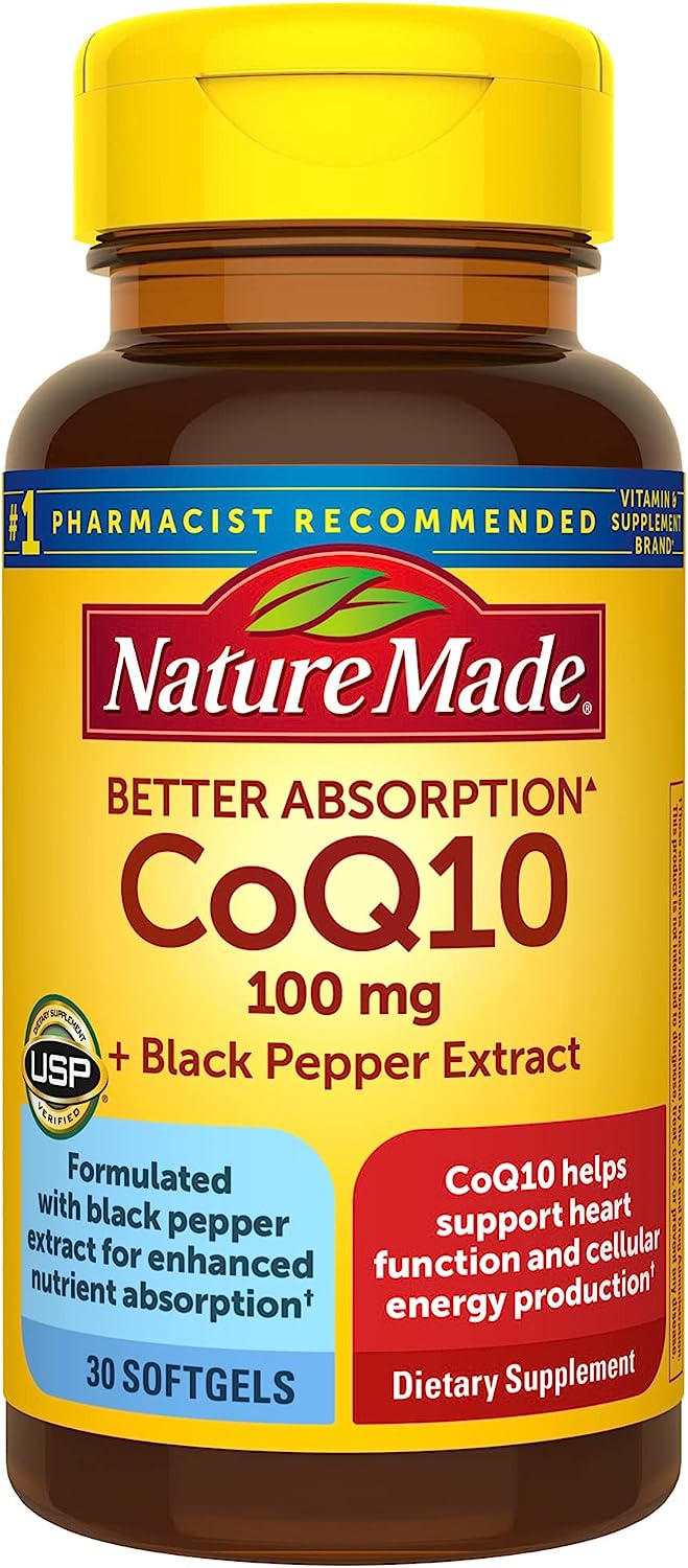 Nature Made CoQ10 100mg with Black Pepper Extract for Enhanced Nutrient Absorption, Dietary Supplement for Heart Health Support, 30 Softgels