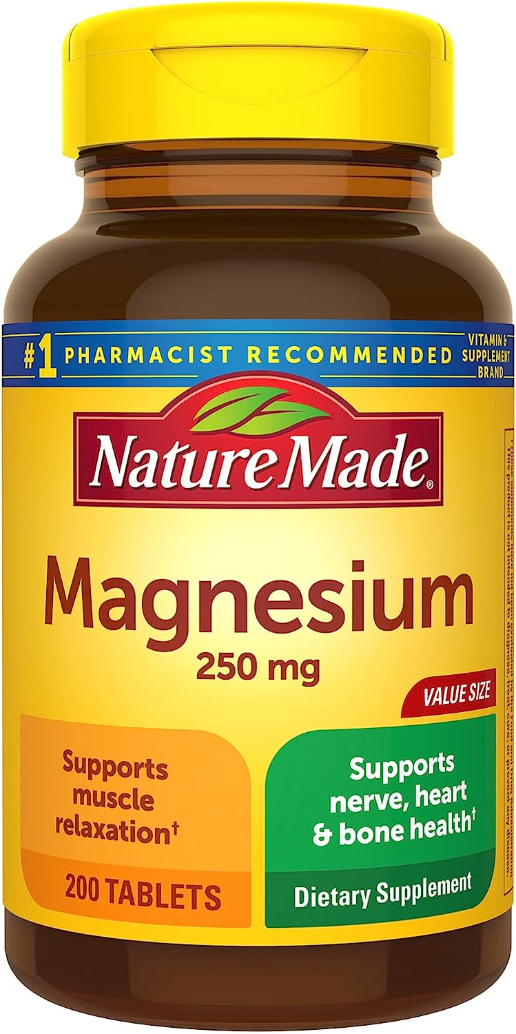 Nature Made Magnesium Oxide 250 mg, Dietary Supplement for Muscle, Heart, Bone and Nerve Health Support, 200 Tablets, 200 Day Supply