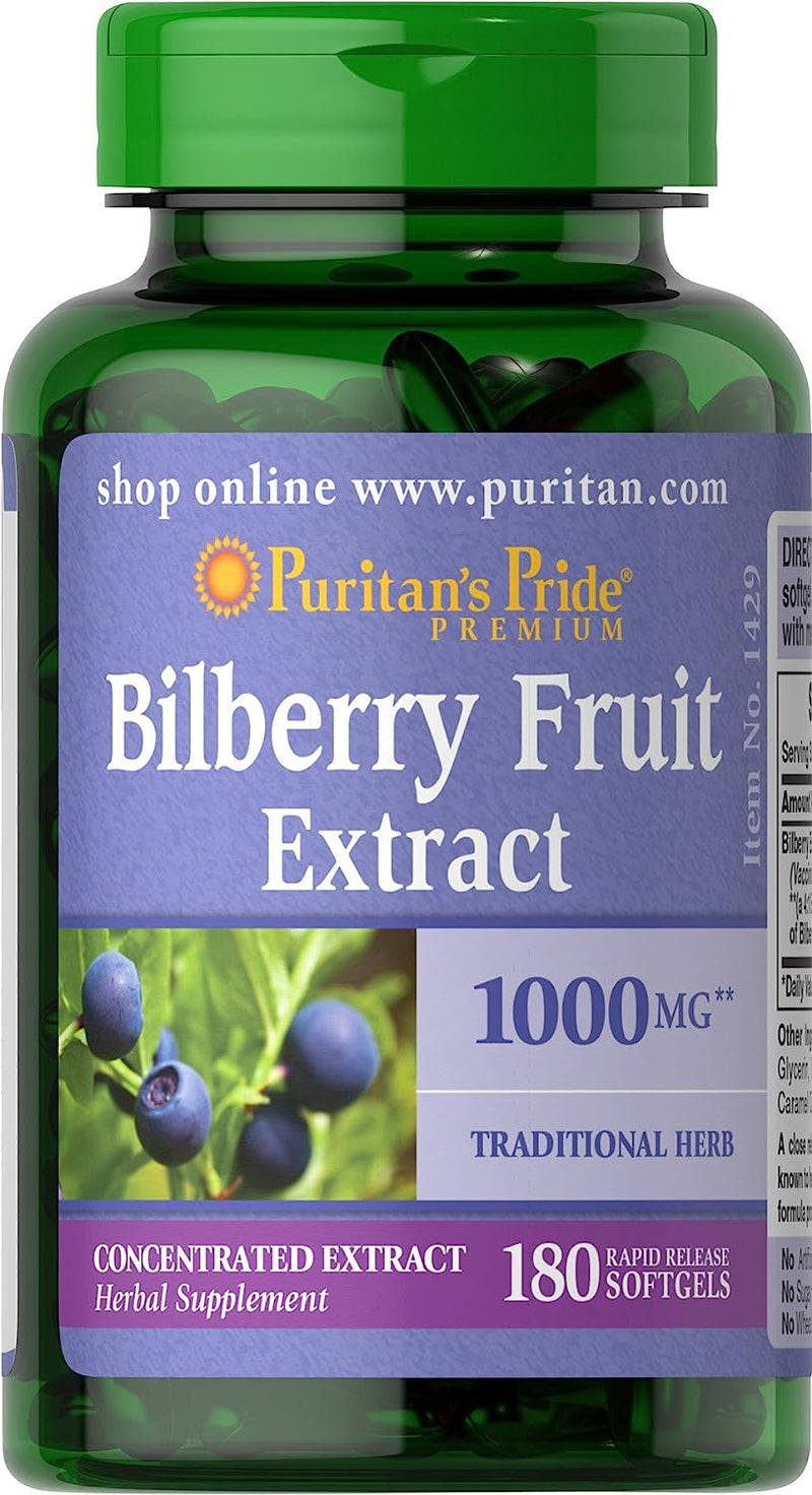 Puritan's Pride Bilberry Extract, Contains Antioxidant Properties*, 1000mg Equivalent, 180 Rapid Release Softgels