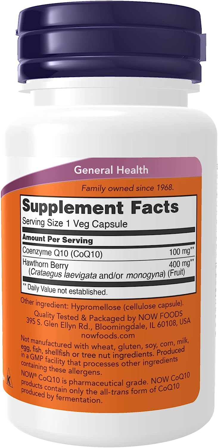 NOW Supplements, CoQ10 100 mg with Hawthorn Berry, Pharmaceutical Grade, All-Trans Form produced by Fermentation, 30 Veg Capsules
