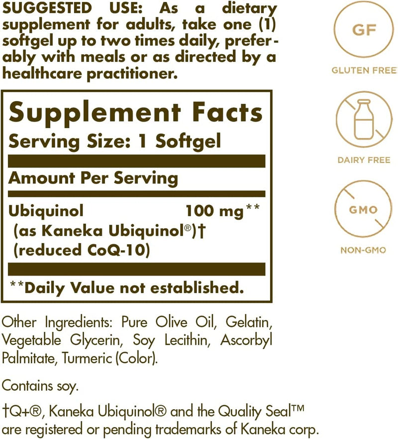 Solgar Ubiquinol 100 mg, 50 Softgels - Advanced Antioxidant Support - Reduced Coenzyme Q10 (CoQ-10) - Gluten Free, Dairy Free - 50 Servings