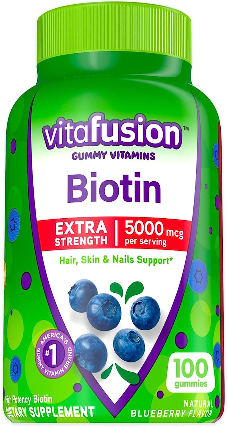 vitafusion Extra Strength Biotin Gummy Vitamins, Blueberry Flavored, 5,000 mcg Biotin Vitamins, America’s Number 1 Gummy Vitamin Brand, 50 Day Supply, 100 Count