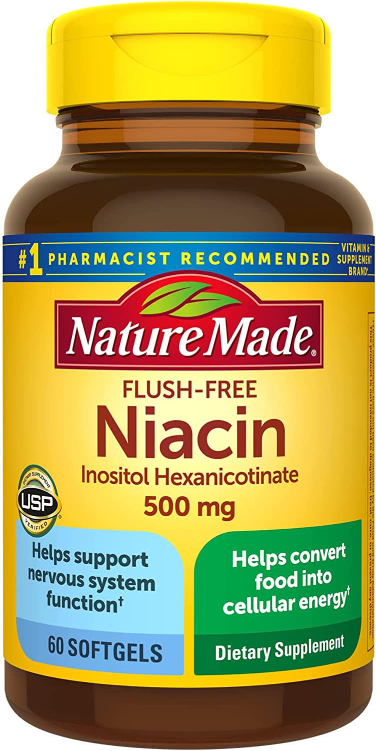 Nature Made Flush Free Niacin 500 mg, Dietary Supplement for Nervous System Support, 60 Softgels