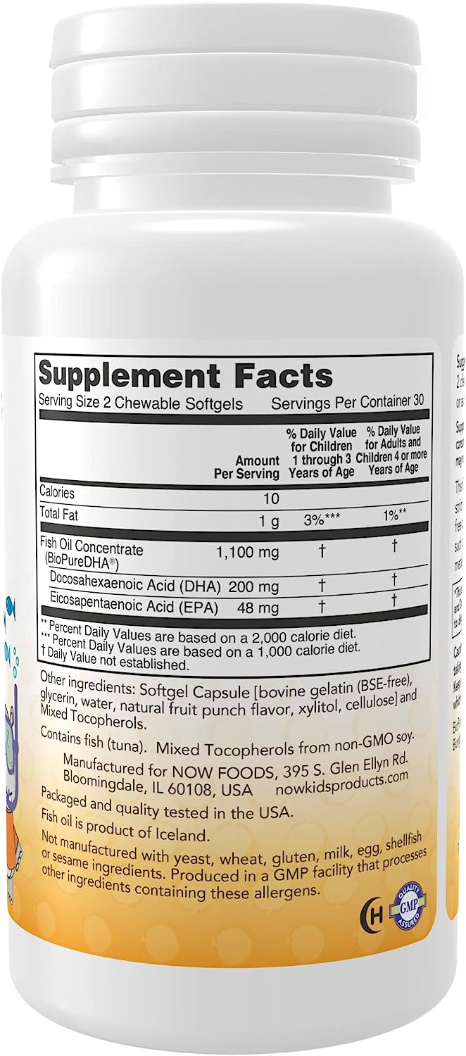 NOW Supplements, DHA Kids 100 mg, Supports Brain Health*, Fruit Flavor, 60 Chewable Softgels