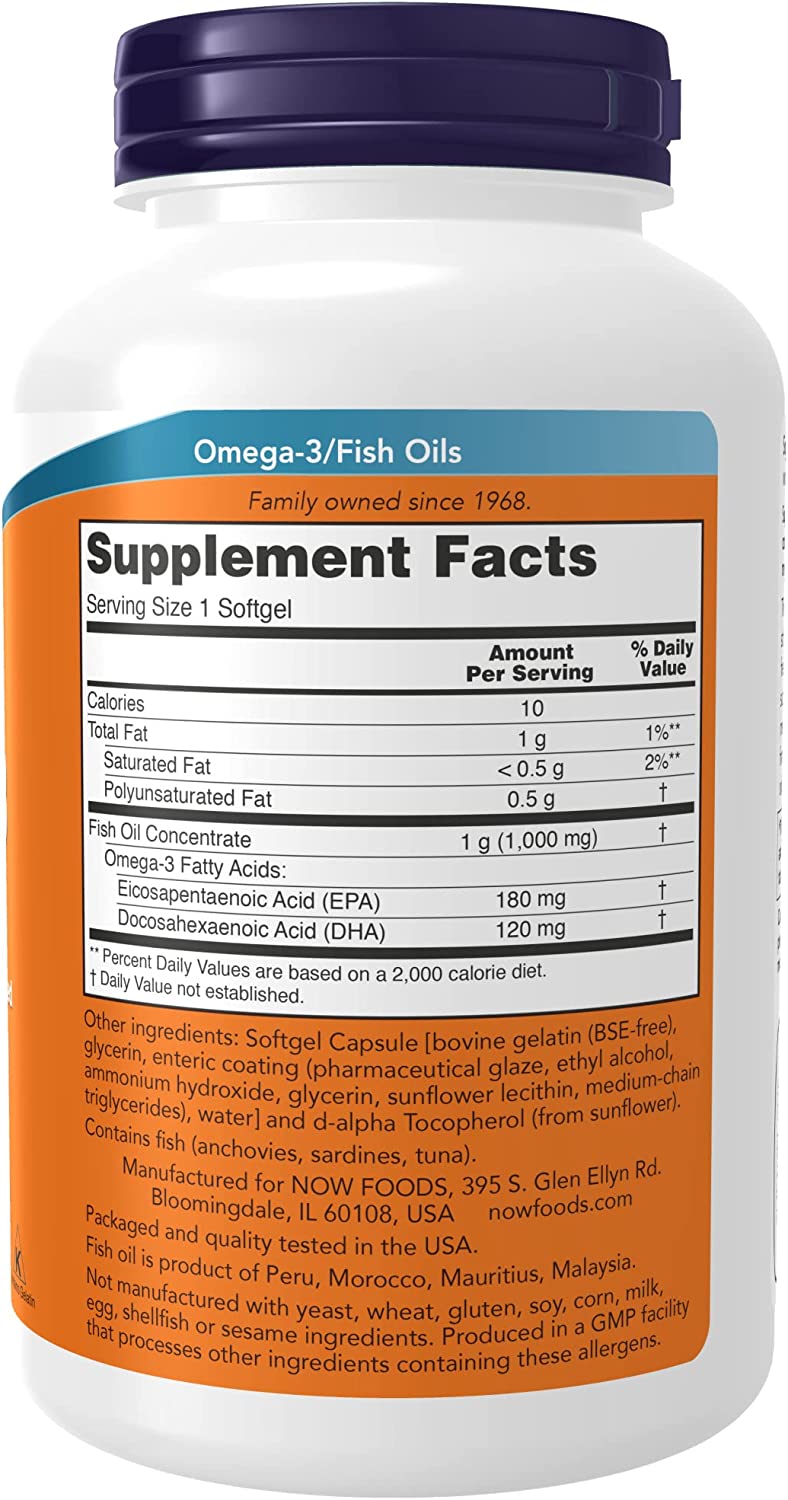 NOW Supplements, Omega-3 180 EPA / 120 DHA, Enteric Coated, Cardiovascular Support*, 180 Softgels