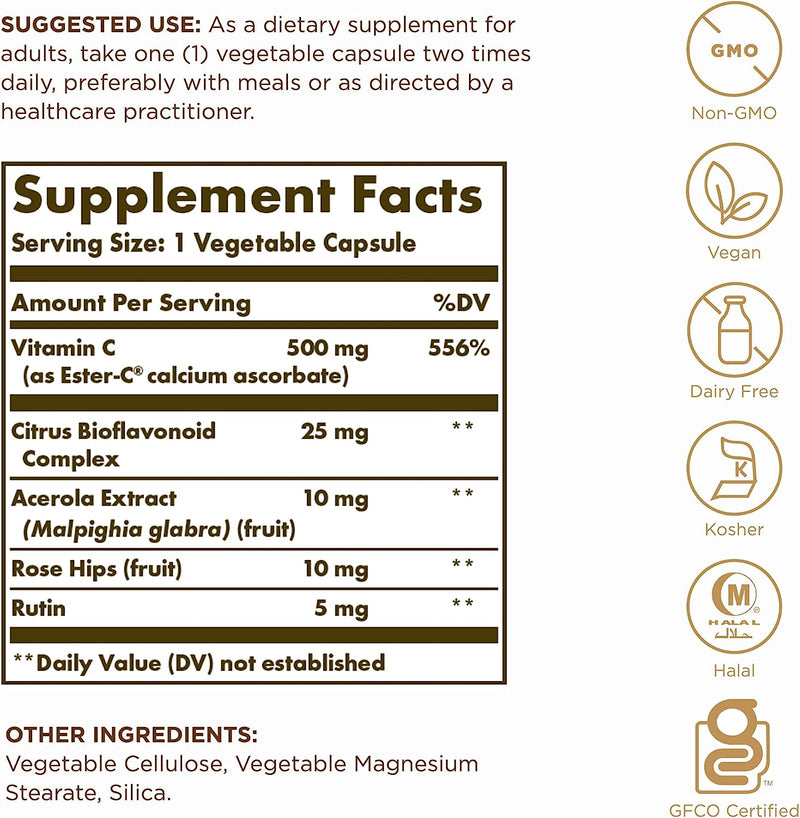 Solgar Ester-C Plus, Vitamin C, 500 mg, 250 Vegetable Capsules