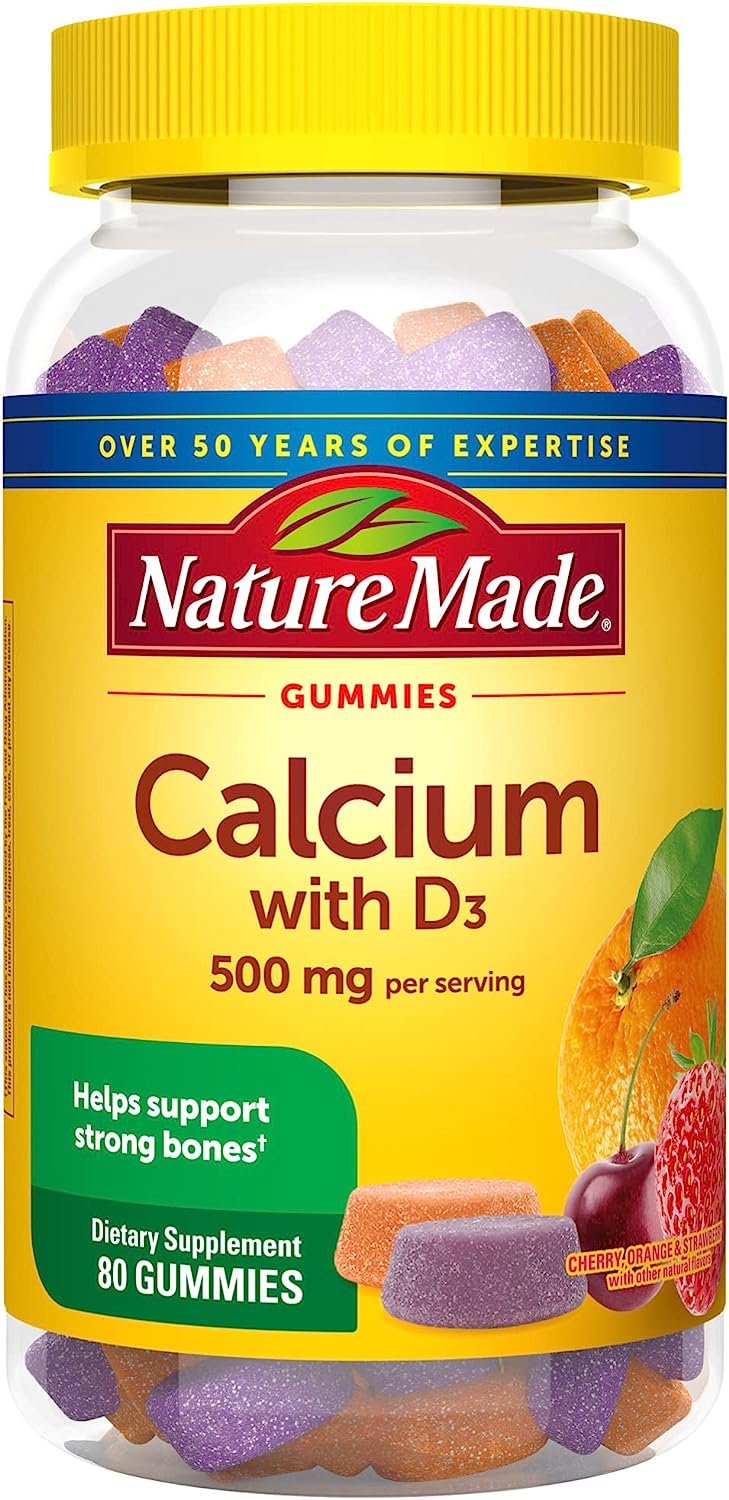 Nature Made Calcium Gummies 500 mg Per Serving with Vitamin D3, Dietary Supplement for Bone Support, 80 Gummies