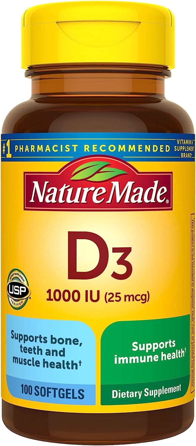 Nature Made Vitamin D3 1000 IU (25 mcg), Dietary Supplement for Bone, Teeth, Muscle and Immune Health Support, 100 Softgels