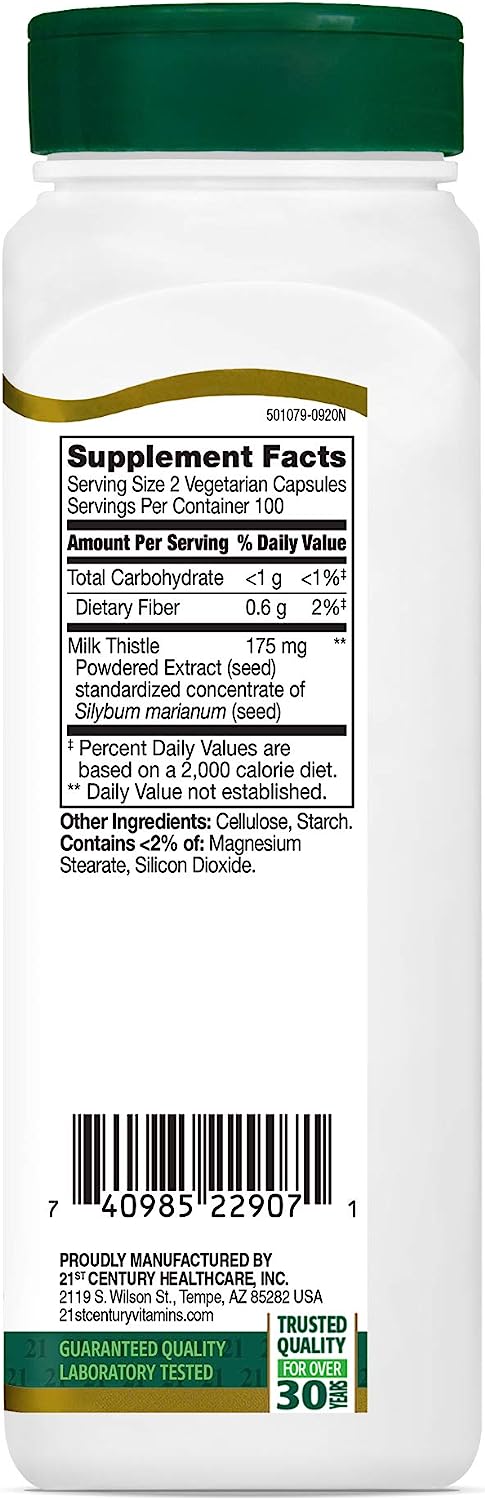 21st Century Milk Thistle Extract Veg Capsules, 200 Count