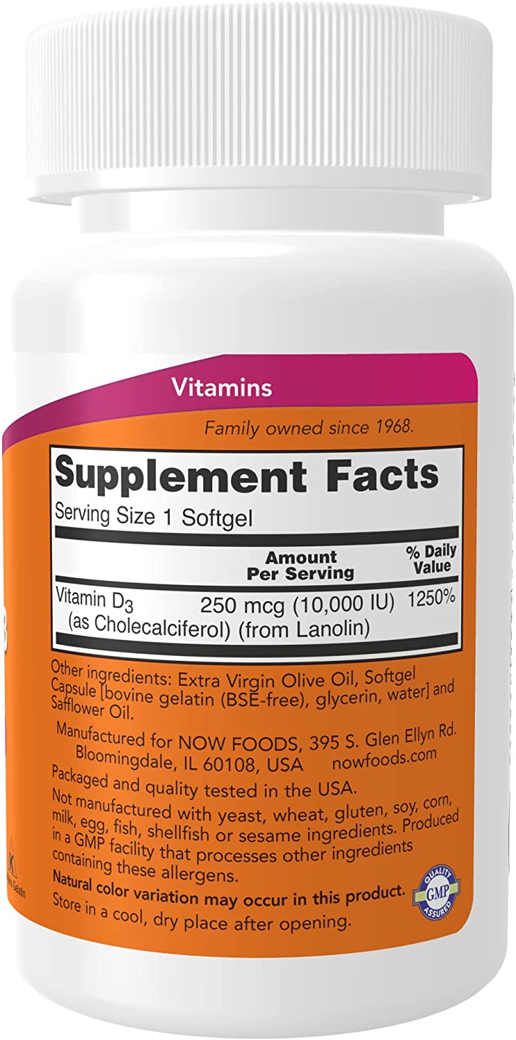 NOW Supplements, Vitamin D-3 10,000 IU, Highest Potency, Structural Support*, 120 Softgels