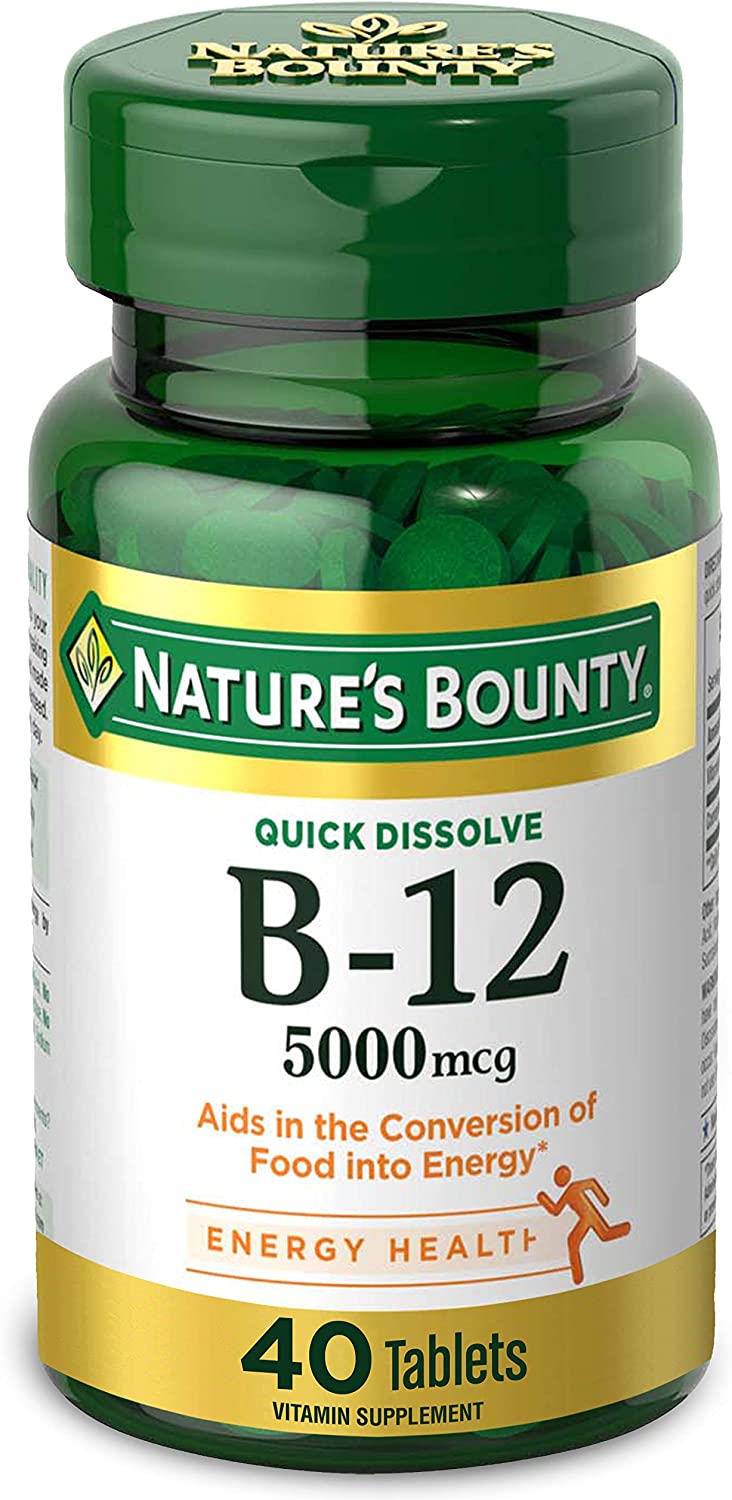 Nature's Bounty Vitamin B12, Quick Dissolve Vitamin Supplement, Supports Energy Metabolism and Nervous System Health, 5000mcg, 40 Tablets