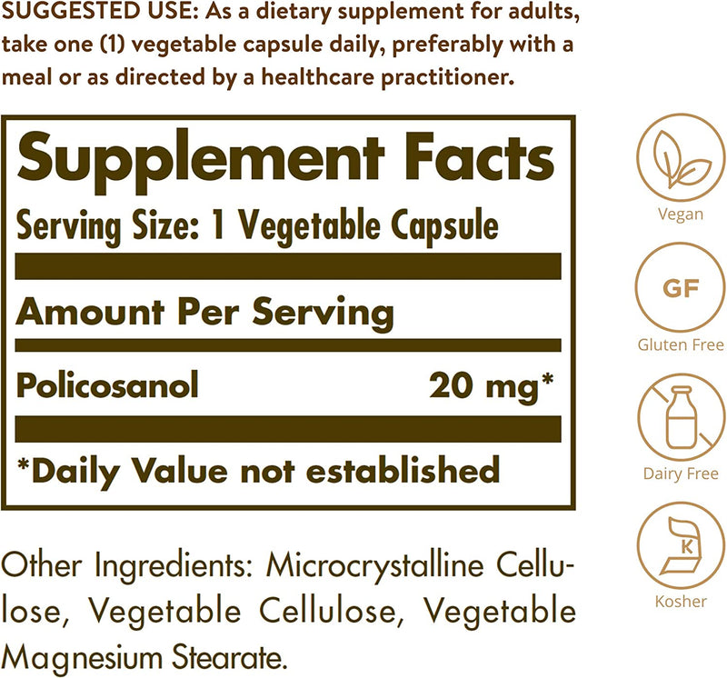 Solgar Policosanol 20 mg, 100 Vegetable Capsules