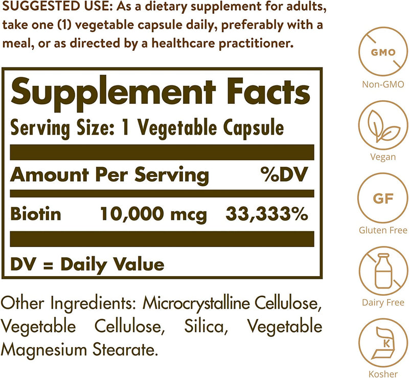 Solgar Biotin 10,000 mcg, 120 Vegetable Capsules