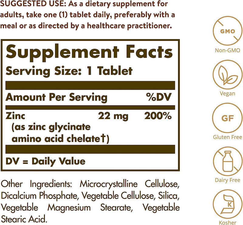 Solgar Chelated Zinc, 100 Tablets