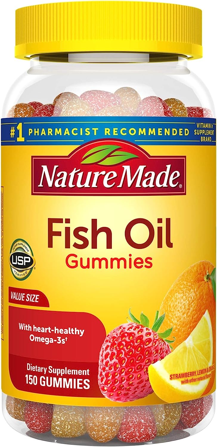 Nature Made Fish Oil Gummies, 150 Softgels Value Size, with Heart-Healthy Omega 3s 57 mg, in Delicious Strawberry, Lemon, & Orange