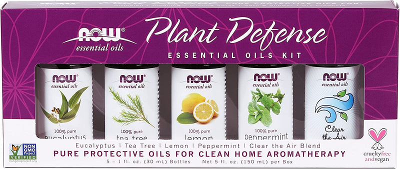 NOW Essential Oils, Plant Defense Essential Oils Kit, 5x30ml including: Eucalyptus, Tea Tree, Lemon, Peppermint and Clean the Air Essential Oils With Child Resistant Caps