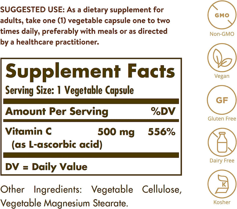 Solgar Vitamin C 500 mg, 100 Vegetable Capsules