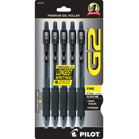Pilot G2 Retractable Premium Gel Ink Roller Ball Pens, Fine Point, Black Ink 5 ea (1 Pack)