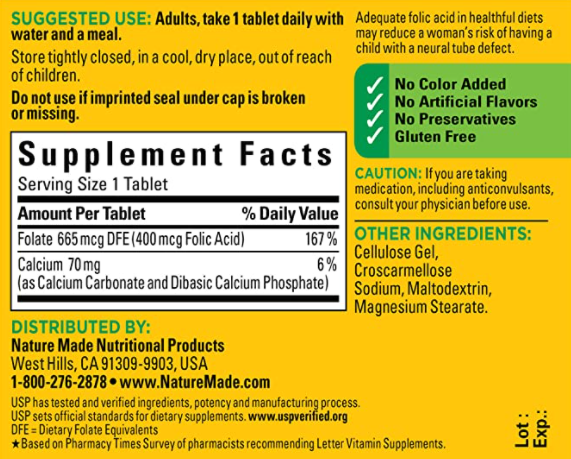 Nature Made Folic Acid 400 mcg (665 mcg DFE, 250 Tablets)