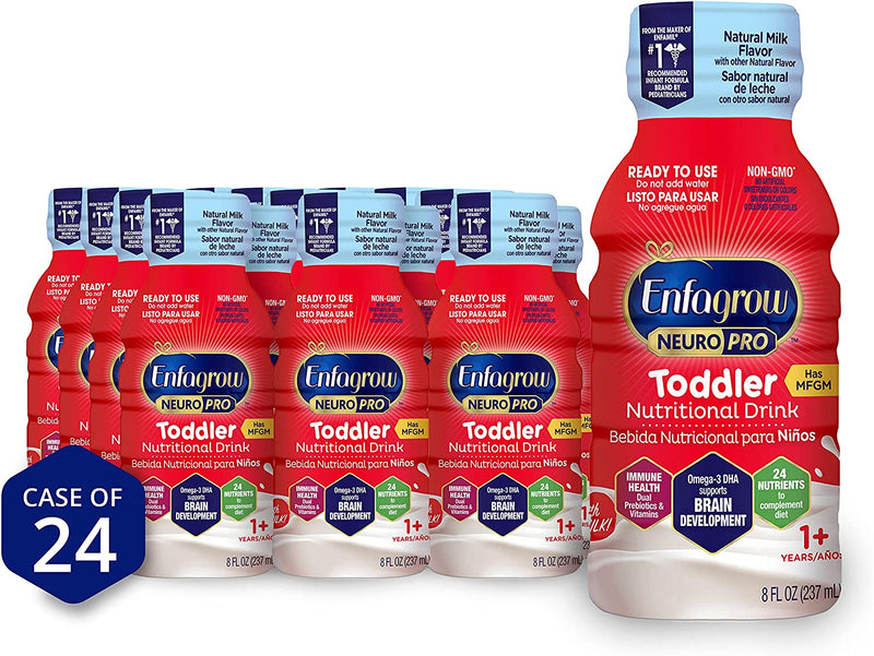 Enfagrow NeuroPro Toddler Nutritional Drink, Natural Milk Flavor, Omega-3 DHA & MGFM for Brain Support, Prebiotics & Vitamins for Immune Health, Non-GMO, Ready to Use Bottle, 8 Fl Oz (24 Bottles)