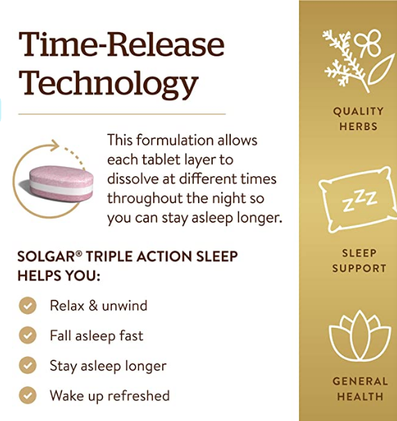 Solgar Triple Action Sleep, 30 Tri-Layer Tablets - Time-Release Melatonin & L-Theanine Plus Herbal Blend - Helps You Relax, Fall Asleep Fast - Non-GMO, Gluten Free - 30 Servings