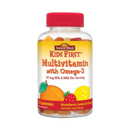 Nature's Maid Kids First Multivitamin with Omega-3 Gummies, Strawberry, Lemon & Orange,  70 ea (1 Pack)